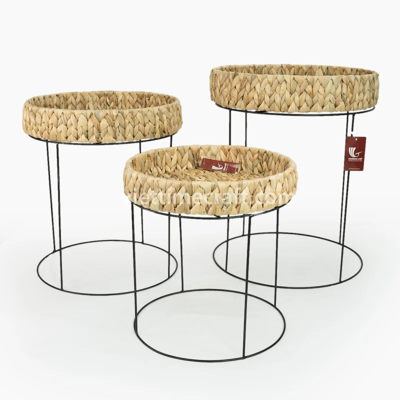 Handwoven Water Hyacinth Nesting End Tables, Boho Round Side Tables with Wicker Tray Tops