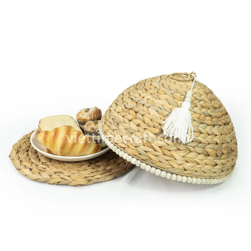 Handwoven Water Hyacinth Food Cover, Food Dome with Tassel and Wooden Beads Wholesale