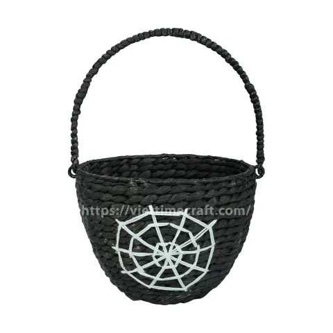 Halloween Candy Basket with Spider Web Embroidery, Black Seagrass Trick-or-Treat Basket