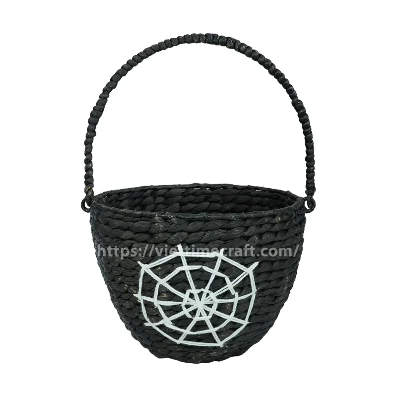 Halloween Candy Basket with Spider Web Embroidery, Black Seagrass Trick-or-Treat Basket
