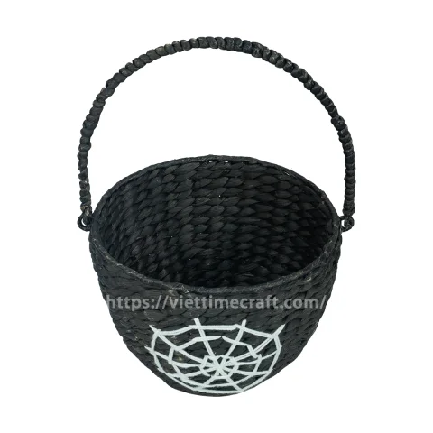 Halloween Candy Basket with Spider Web Embroidery, Black Seagrass Trick-or-Treat Basket