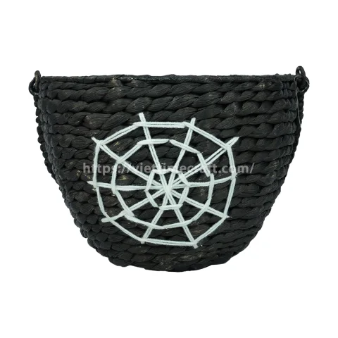 Halloween Candy Basket with Spider Web Embroidery, Black Seagrass Trick-or-Treat Basket