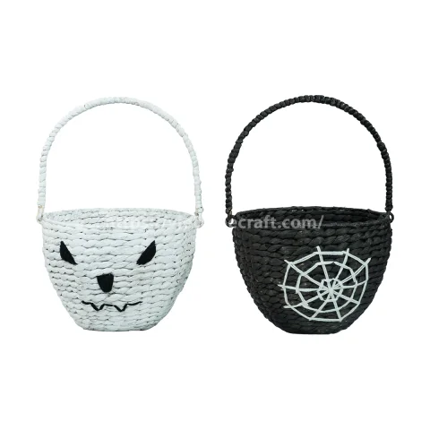 Halloween Candy Basket with Spider Web Embroidery, Black Seagrass Trick-or-Treat Basket
