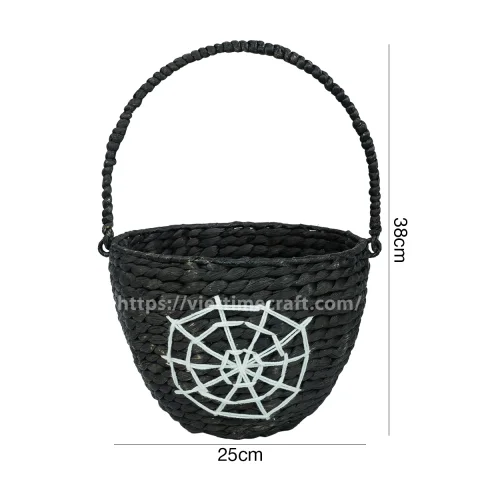 Halloween Candy Basket with Spider Web Embroidery, Black Seagrass Trick-or-Treat Basket