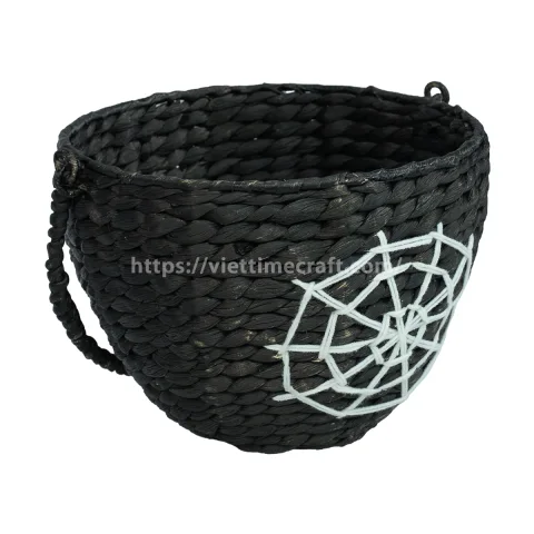 Halloween Candy Basket with Spider Web Embroidery, Black Seagrass Trick-or-Treat Basket