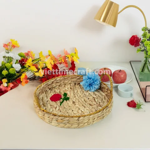 Rustic Eco Friendly Decorative Serving Tray Basket, Cherry Embroidery with Beaded Accents