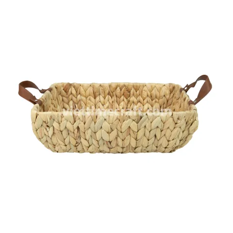 Rectangular Water Hyacinth Basket Tray with Leather Handles, Handwoven Eco-Friendly Organizer and Serving Tray