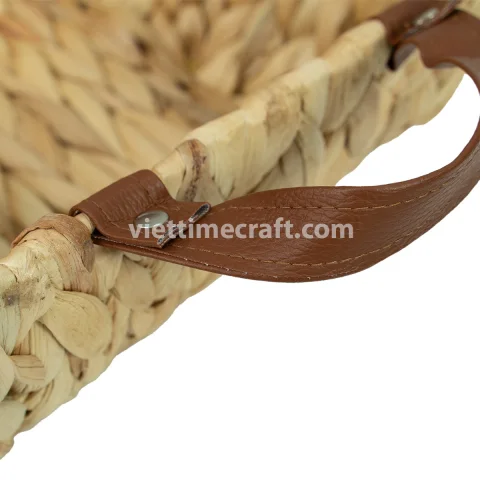 Rectangular Water Hyacinth Basket Tray with Leather Handles, Handwoven Eco-Friendly Organizer and Serving Tray