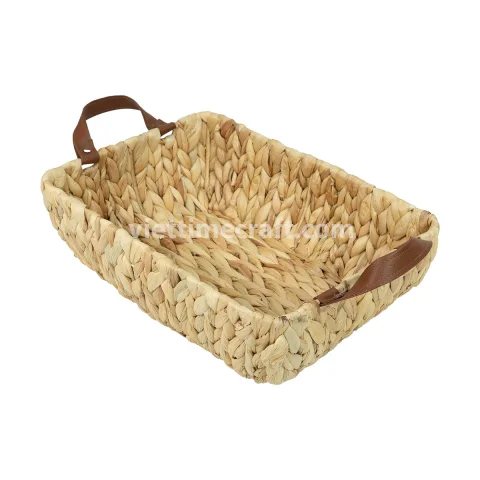 Rectangular Water Hyacinth Basket Tray with Leather Handles, Handwoven Eco-Friendly Organizer and Serving Tray