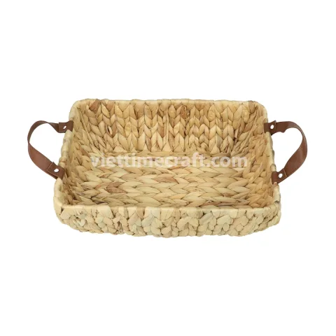 Rectangular Water Hyacinth Basket Tray with Leather Handles, Handwoven Eco-Friendly Organizer and Serving Tray