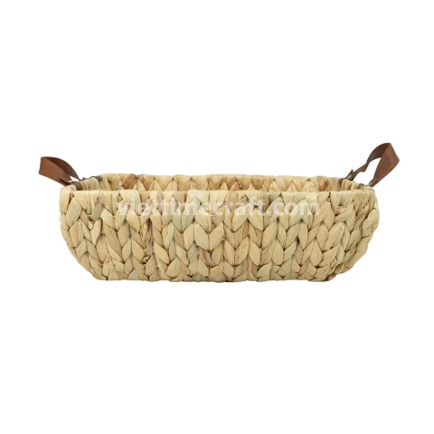 Rectangular Water Hyacinth Basket Tray with Leather Handles, Handwoven Eco-Friendly Organizer and Serving Tray