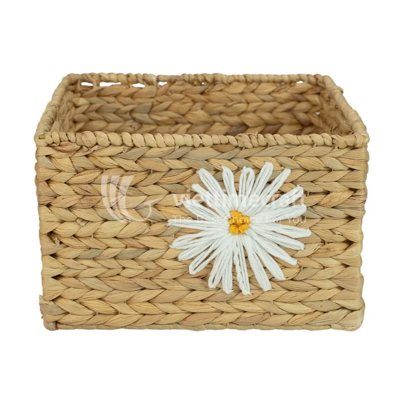 Water Hyacinth Woven Basket with Daisy Embroidery, Storage Organizer Decor
