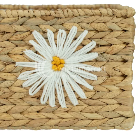 Water Hyacinth Woven Basket with Daisy Embroidery, Storage Organizer Decor