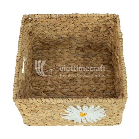 Water Hyacinth Woven Basket with Daisy Embroidery, Storage Organizer Decor