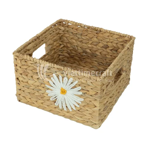 Water Hyacinth Woven Basket with Daisy Embroidery, Storage Organizer Decor