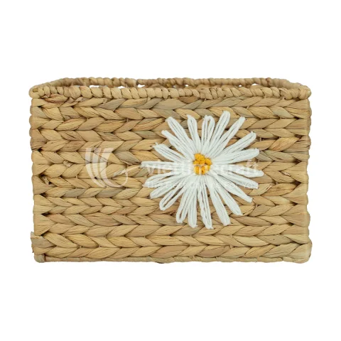 Water Hyacinth Woven Basket with Daisy Embroidery, Storage Organizer Decor