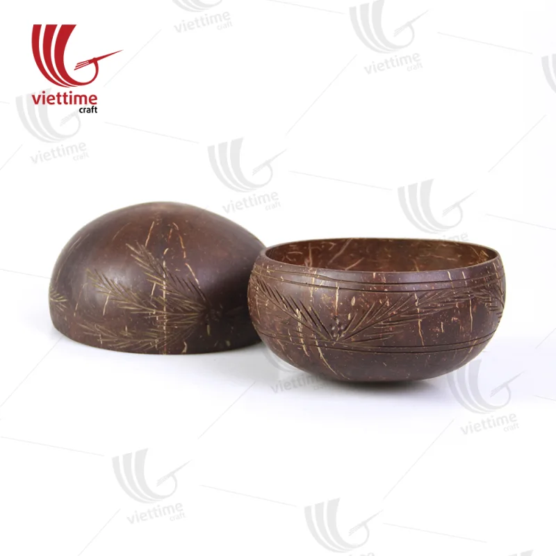 Leaf Carved Natural Coconut Bowls Set of 2