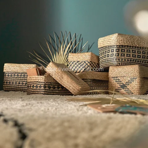 African Pattern Woven Seagrass Storage Basket Vietnam