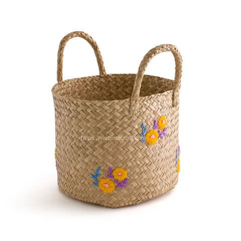Embroidered Woven Seagrass Basket With Handle Manufacturer Wholesale