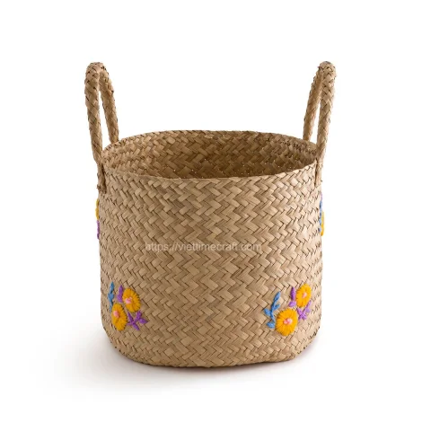 Embroidered Woven Seagrass Basket With Handle Manufacturer Wholesale