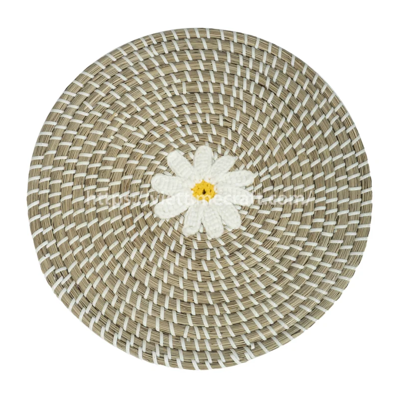 Embroidered Seagrass Placemat with Knitted Flower Pattern