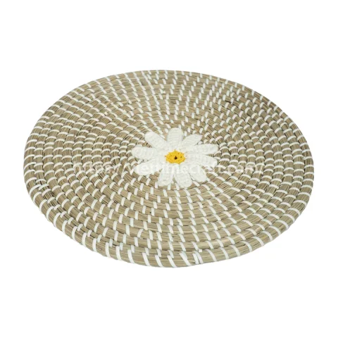 Embroidered Seagrass Placemat with Knitted Flower Pattern