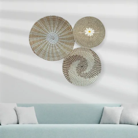 Embroidered Seagrass Placemat with Knitted Flower Pattern