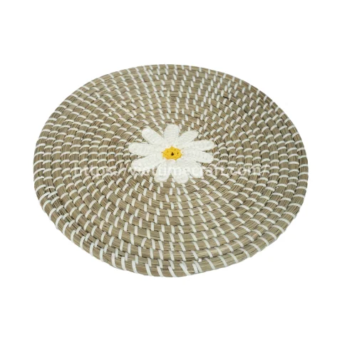 Embroidered Seagrass Placemat with Knitted Flower Pattern