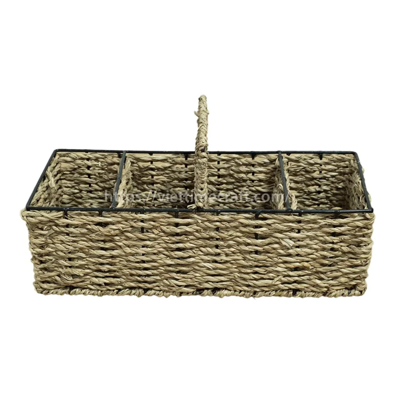 Handwoven Seagrass Utensil Caddy 4-Compartment Cutlery Holder with Handle