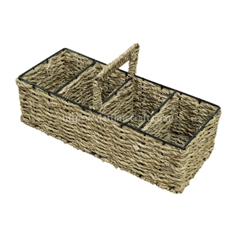 Handwoven Seagrass Utensil Caddy 4-Compartment Cutlery Holder with Handle