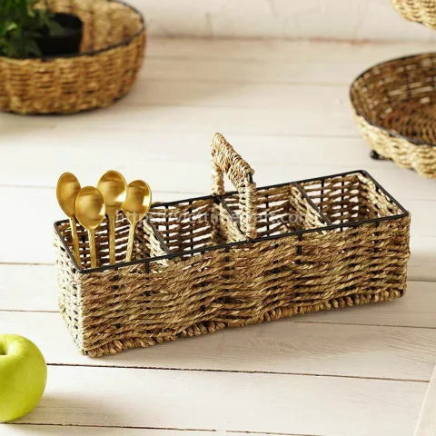 Handwoven Seagrass Utensil Caddy 4-Compartment Cutlery Holder with Handle