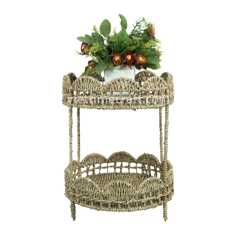 2 Tiers Handwoven Seagrass Floor Shelf, Natural Decorative Storage Rack for Home and Retail Display