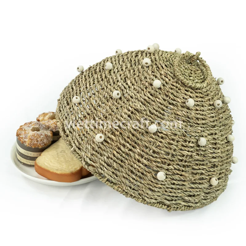 Handmade Seagrass Food Cover with Decorative Beads, Food Dome for Kitchen and Dining
