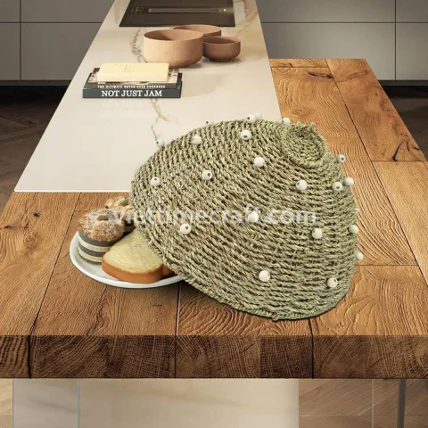 Handmade Seagrass Food Cover with Decorative Beads, Food Dome for Kitchen and Dining