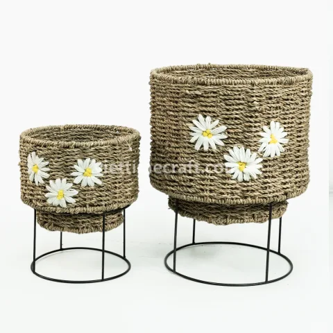 Seagrass Planter with Stand, Set of 2 Embroidered Natural Baskets for Indoor Plants