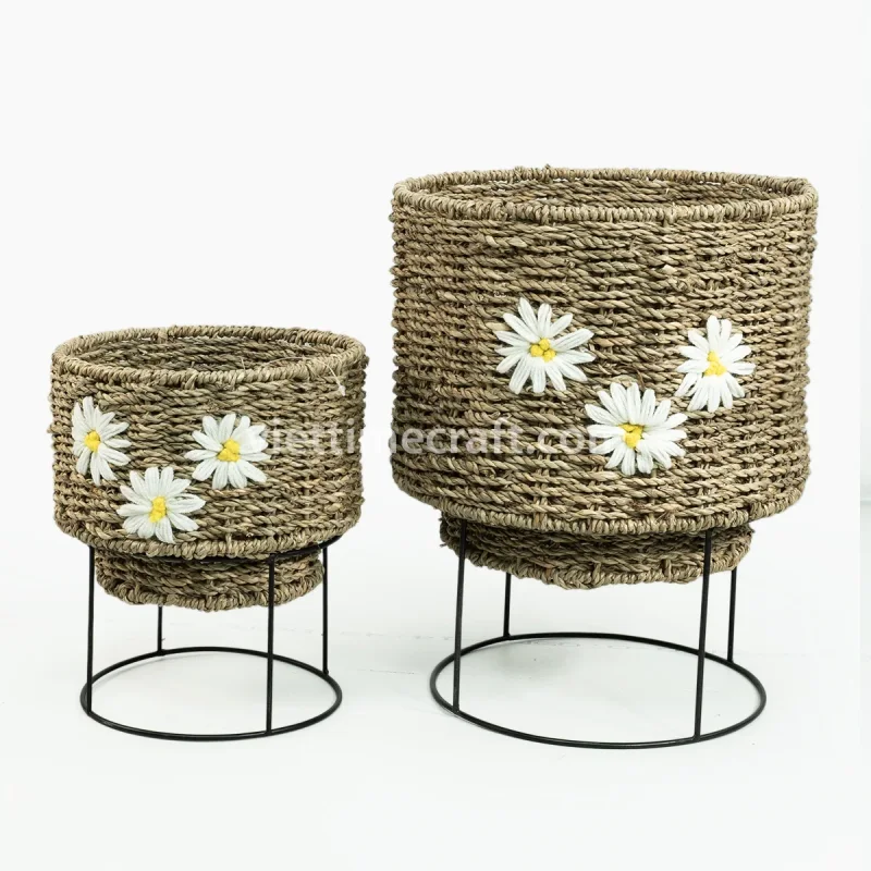 Seagrass Planter with Stand, Set of 2 Embroidered Natural Baskets for Indoor Plants