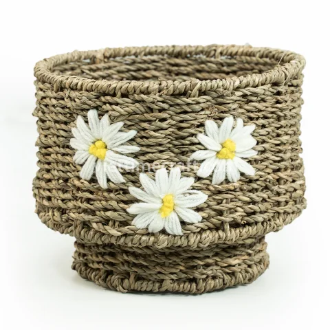 Seagrass Planter with Stand, Set of 2 Embroidered Natural Baskets for Indoor Plants