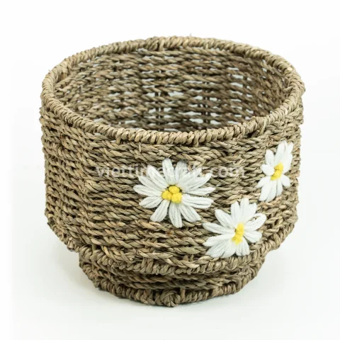 Seagrass Planter with Stand, Set of 2 Embroidered Natural Baskets for Indoor Plants