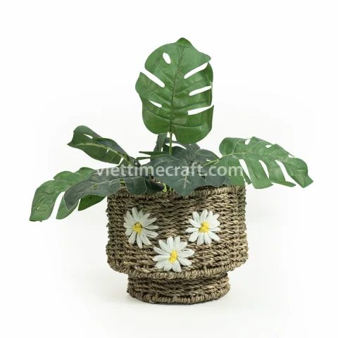 Seagrass Planter with Stand, Set of 2 Embroidered Natural Baskets for Indoor Plants
