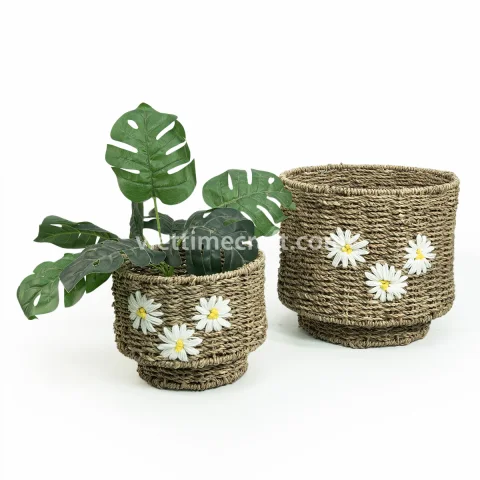 Seagrass Planter with Stand, Set of 2 Embroidered Natural Baskets for Indoor Plants