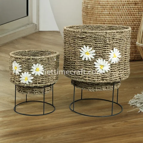 Seagrass Planter with Stand, Set of 2 Embroidered Natural Baskets for Indoor Plants
