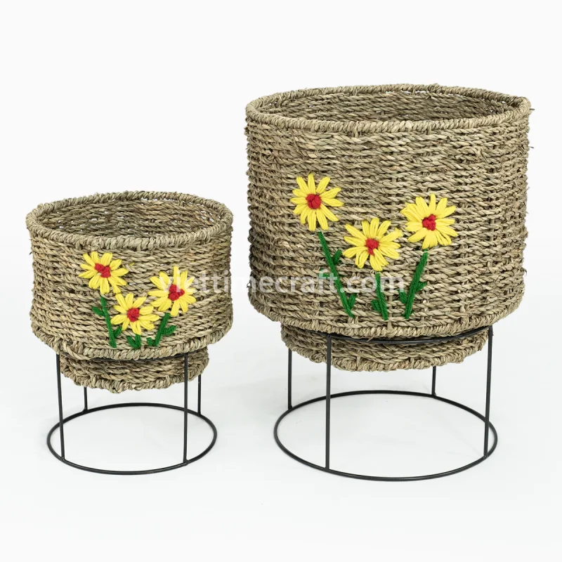Handmade Seagrass Planter with Metal Stand, Embroidered Flower Basket Set for Indoor Use