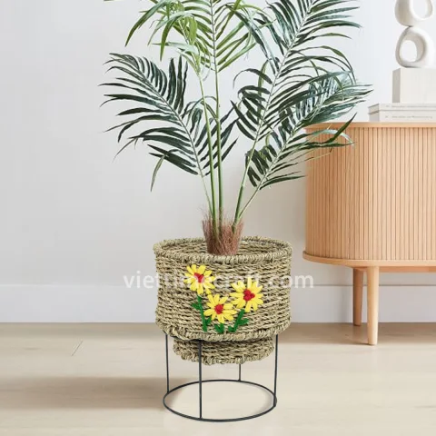 Handmade Seagrass Planter with Metal Stand, Embroidered Flower Basket Set for Indoor Use