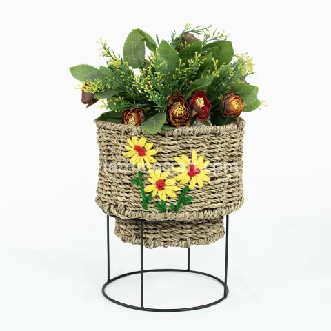Handmade Seagrass Planter with Metal Stand, Embroidered Flower Basket Set for Indoor Use
