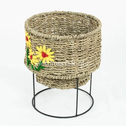 Handmade Seagrass Planter with Metal Stand, Embroidered Flower Basket Set for Indoor Use