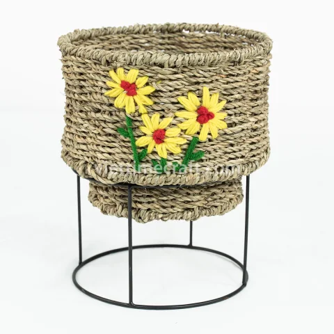 Handmade Seagrass Planter with Metal Stand, Embroidered Flower Basket Set for Indoor Use