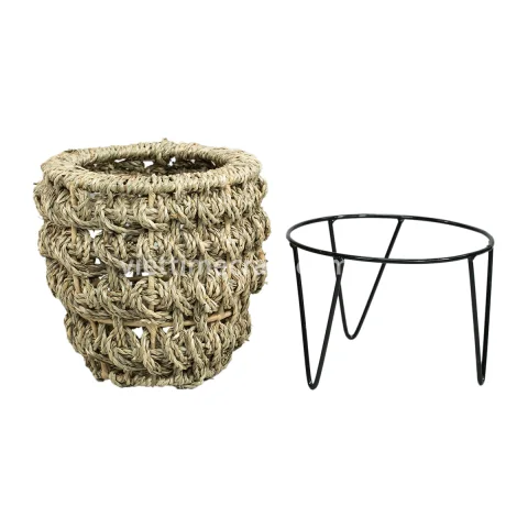 Woven Seagrass Planter with Stand, Plant Basket Set with Black Metal Base