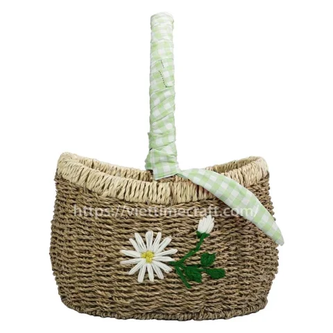 Handmade Seagrass Picnic Basket with Embroidered Daisy From Viettimecraft Manufacturer