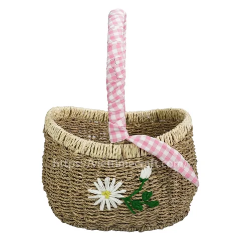 Handmade Seagrass Picnic Basket with Embroidered Daisy From Viettimecraft Manufacturer
