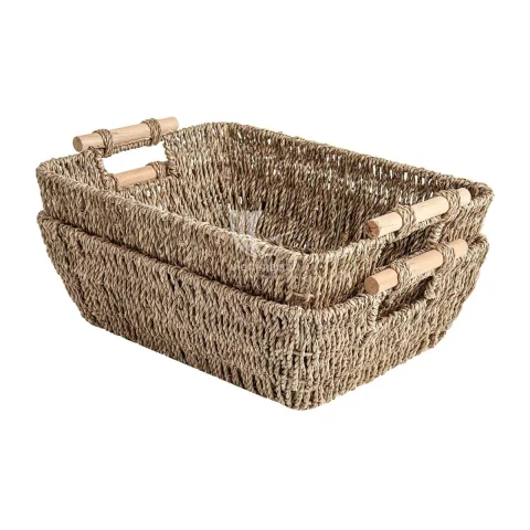 Rectangular Seagrass Storage Tray with Wooden Handle For Tableware – Viettimecraft wholesale supplier